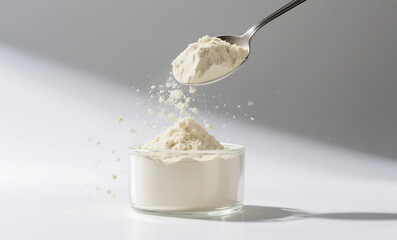 White Magnesium Powder Being Poured from Metal Spoon into Glass Container on Light Background