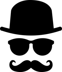 Gentleman icon. Man wears glasses with hat and mustache black vector design. Secret agent icon in a hat and glasses mustache isolated on transparent background. Vector illustration.
