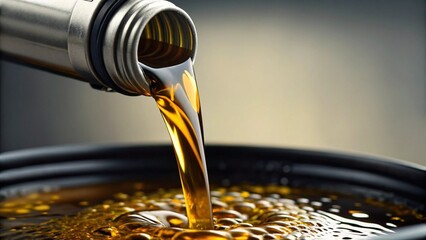 A steady stream of golden-brown liquid, likely used cooking oil or a similar viscous fluid, pours from a metallic container into a dark basin, creating dynamic bubbles and ripples on the surface