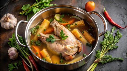 Nourishing hot chicken bone broth simmering in a large stockpot, liquid, broth,  liquid, broth, healthy, bone, soup, steaming, tasty