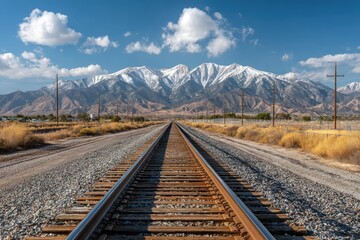 Fototapeta premium Railroad tracks stretch into the distance toward snow-capped mountains under a bright blue sky with scattered clouds.