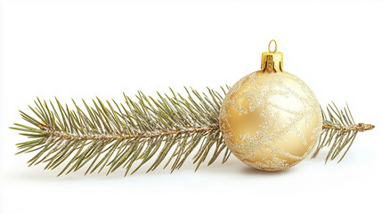A golden Christmas ornament with glitter, placed on a pine branch.