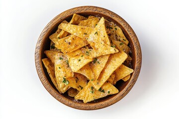 Wooden bowl filled with delicious nachos with herbs on white background