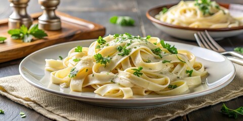 Rich creamy fettuccine alfredo pasta dish topped with parmesan cheese and fresh parsley garnish, table setting
