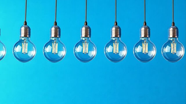 Brilliant Ideas: Seven Blue Light Bulbs Hanging Against a Vibrant Blue Background