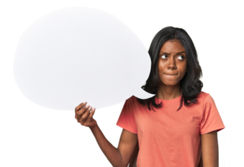 Indian woman with dialogue bubble confused, feels doubtful and unsure.