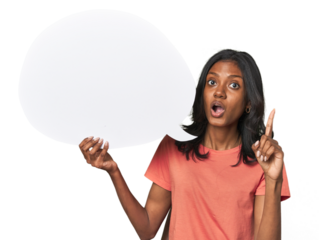 Indian woman with dialogue bubble having an idea, inspiration concept.