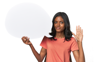 Indian woman with dialogue bubble smiling cheerful showing number five with fingers.