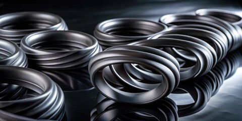 A series of reflective black rings create a dynamic composition, highlighting the interplay of light and shadow.