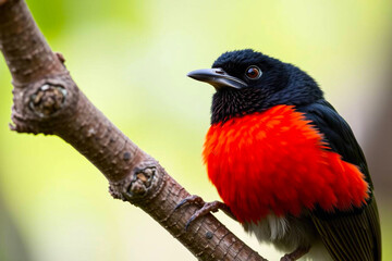Fototapeta premium Striking Crimson-Collared Tanager Perched on a Tree Branch, Displaying Its Vivid Red and Black Plumage in a Lush Natural Setting, Vibrant Wallpaper