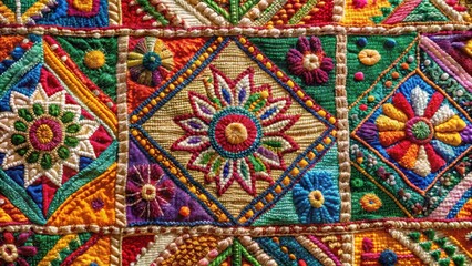 Fototapeta premium Intricate embroidered fabric with Kantha stitching patterns woven into a modern abstract design , Indian Craft