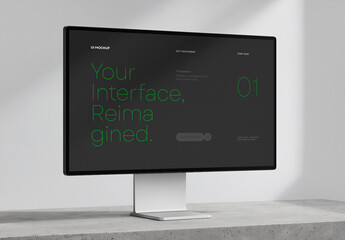 Dark Mode Monitor Mockup &ndash; PSD Template with UI Layout on Black Screen for Web Interface Design, Application Display, or Modern Digital Product Presentation
