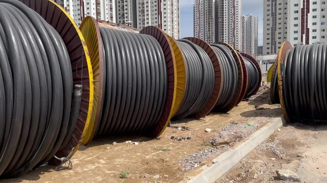  rolls of cable on a construction site background high rise apartments