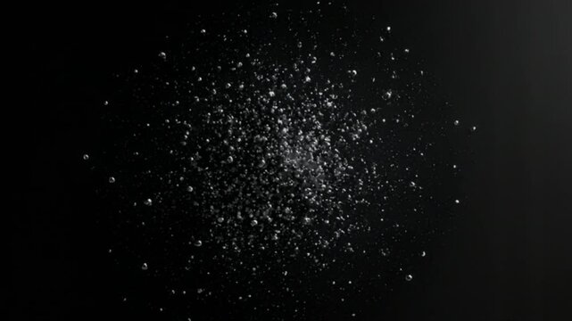 A high-resolution image shows a multitude of water droplets suspended in mid-air against a stark black backdrop, creating a visually striking effect of scattered, glistening particles.