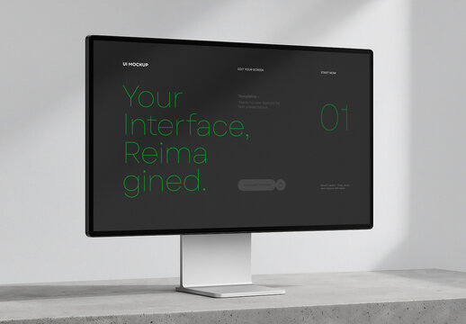 Dark Mode Monitor Mockup &ndash; PSD Template with UI Layout on Black Screen for Web Interface Design, Application Display, or Modern Digital Product Presentation