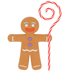 3d render gingerbread man with candy cane with transparent background