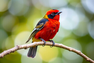 Striking Crimson-Collared Tanager Perched on a Tree Branch, Displaying Its Vivid Red and Black Plumage in a Lush Natural Setting, Vibrant Wallpaper