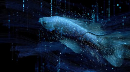 Fototapeta premium Cyber Fish Navigating Through Flowing Data Currents