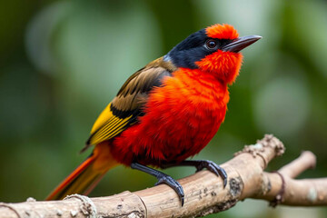 Obraz premium Striking Crimson-Collared Tanager Perched on a Tree Branch, Displaying Its Vivid Red and Black Plumage in a Lush Natural Setting, Vibrant Wallpaper