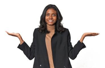 Young Indian woman in business suit makes scale with arms, feels happy and confident.