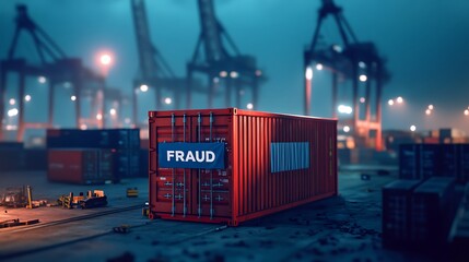 Red Shipping Container With Fraud Label at Industrial Port Under Dim Lighting with Cargo Cranes in the Background