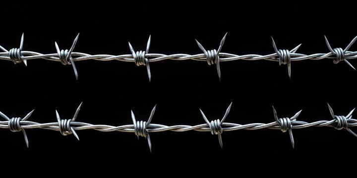 Winding barbed wire on black background with isolated fence posts, metal, fence posts,  metal, fence posts, perimeter, dark