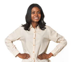 Portrait of a young Indian woman confident keeping hands on hips.