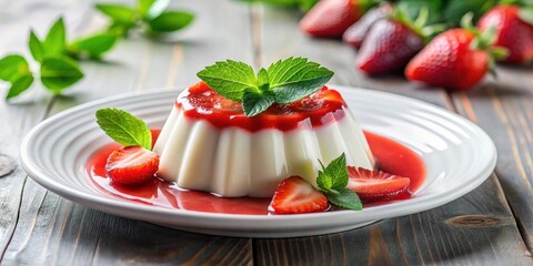 Italian dessert on a plate, creamy panna cotta topped with sweet strawberry syrup and fresh mint leaves, italian dessert, dessert plate