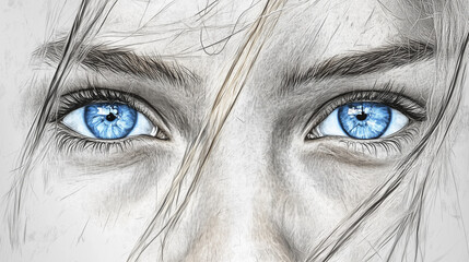 A close-up of a face with striking blue eyes, detailed pencil sketch, and a hint of realism.