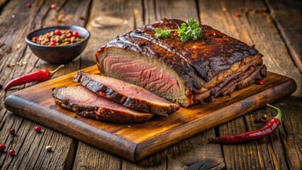 Slow cooked brisket on a wood plank, rustic charm, low and slow cooking method,  rustic charm