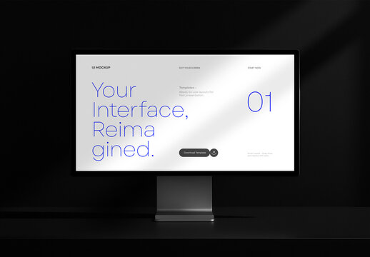 Minimal Monitor Mockup &ndash; PSD Template with UI Layout on Glossy Screen in Dark Scene for Website Presentation, App Display or Interface Design Promotion