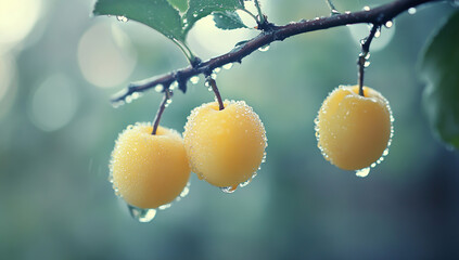 Close-up photo of yellow plums hanging on a tree, with water droplets, against a natural background