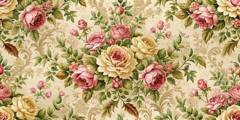 Ornate floral pattern with antique roses and leaves on a classic wallpaper background , ornate, antique,  ornate, antique