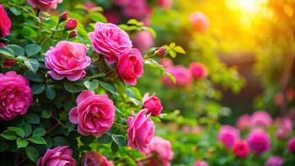 Bush with vibrant pink roses and lush green leaves in a serene outdoor setting , floral, foliage