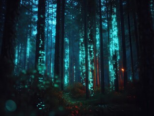 Glowing Data Vines Running Through High-Tech Forest