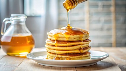 Golden syrup drips slowly from a bottle onto fluffy pancakes , kitchen, morning,  kitchen, morning, golden syrup