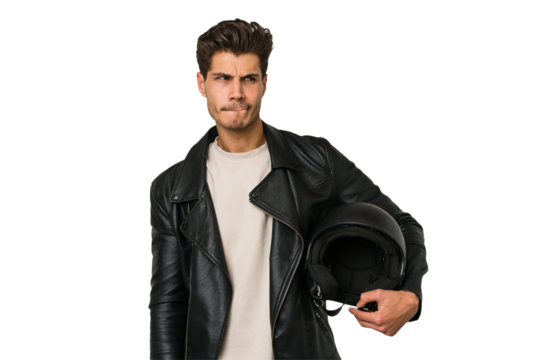 Young caucasian man holding a motrbike black helmet isolated confused, feels doubtful and unsure. - Powered by Adobe