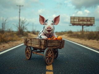 Chubby Pig Delivers Tomatoes on Old Road
