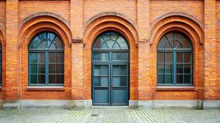 Fototapeta premium Exterior View of Red Brick Building with Arched Windows and Central Door with a Stone Pavement and Blue Window Frames under Bright Daylight