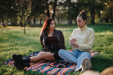 Two young women are sitting on a colorful blanket in a picturesque park, engaged in a relaxed...