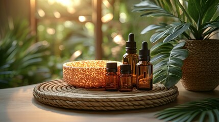 Amber bottles, bowl, & plants on a woven tray