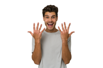 Young handsome caucasian man isolated on white background showing number ten with hands.