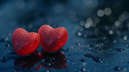 Fototapeta premium Red glitter hearts on wet surface with bokeh background. Valentine's Day concept. 