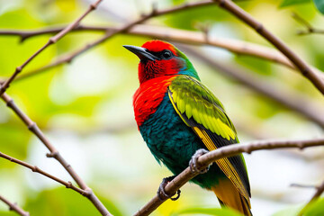 Obraz premium Striking Crimson-Collared Tanager Perched on a Tree Branch, Displaying Its Vivid Red and Black Plumage in a Lush Natural Setting, Vibrant Wallpaper