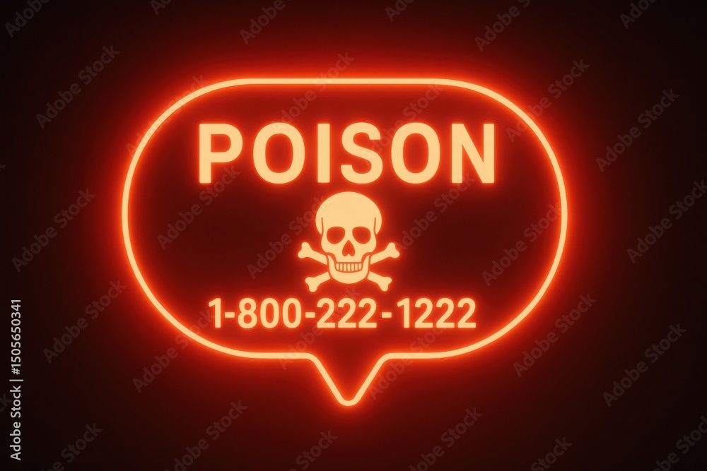 Poster neon sign alerting of poison with emergency contact number displayed in bright red against a dark ba