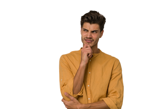 Young handsome caucasian man isolated on white background suffers pain in throat due a virus or infection.