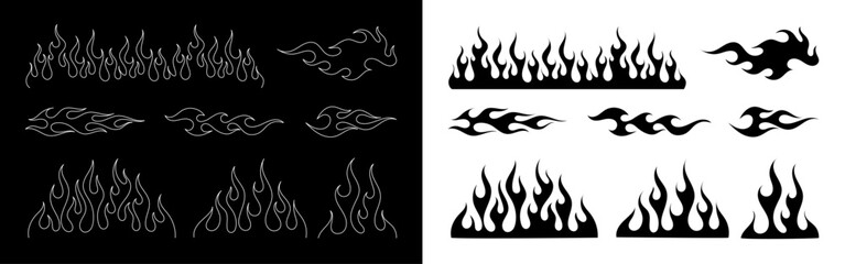 Fototapeta na wymiar Flame silhouettes in classic 90s style, motorcycle and hot rod car style. Old school, retro tattoos. Black and white flame silhouette and outline style. Retro fire aesthetics, with flames. Vector set