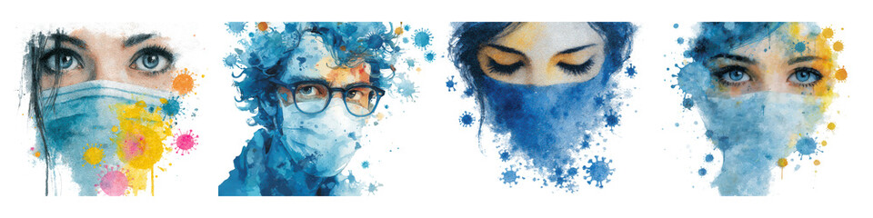 Artistic drawings of People Wearing Masks in Blue Tones