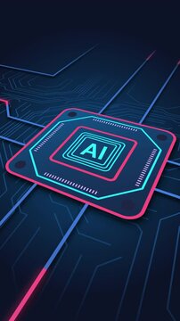 A futuristic AI processor chip illustration glowing with blue and red neon circuit lines on a dark background. Perfect for tech presentations, artificial intelligence themes, innovation banners