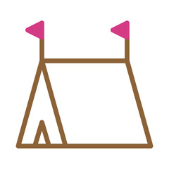 Stylized camping tent depiction with vibrant flags against a neutral backdrop